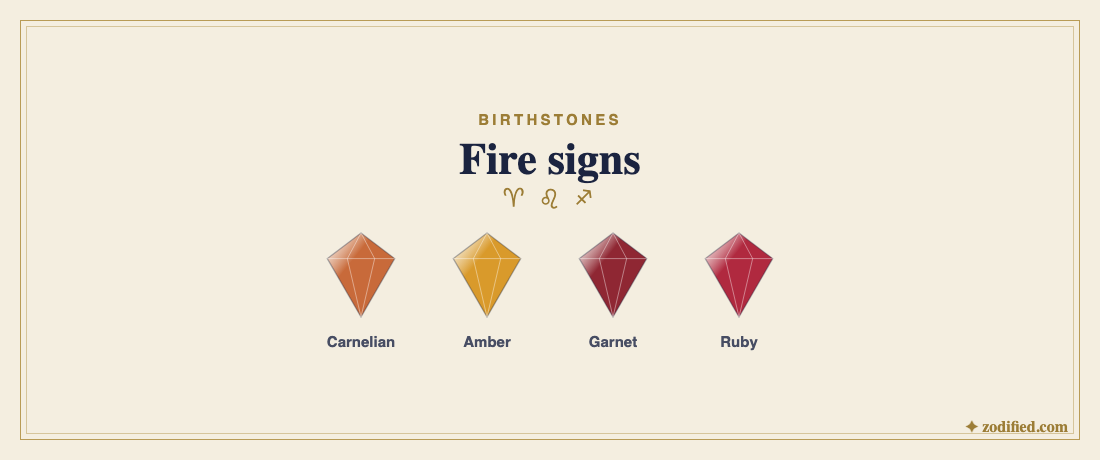 Fire sign stones: carnelian, amber, garnet, ruby