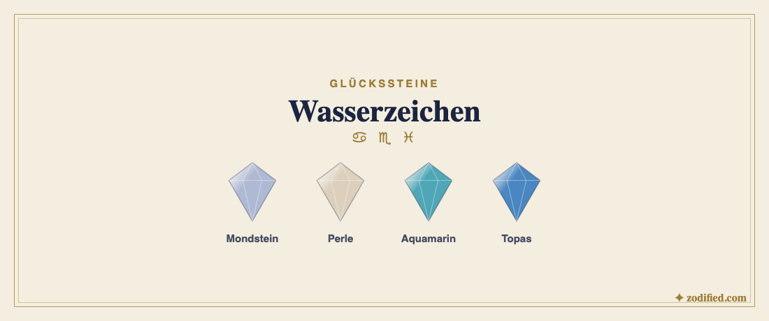 Steine der Wasserzeichen: Mondstein, Perle, Aquamarin, Topas