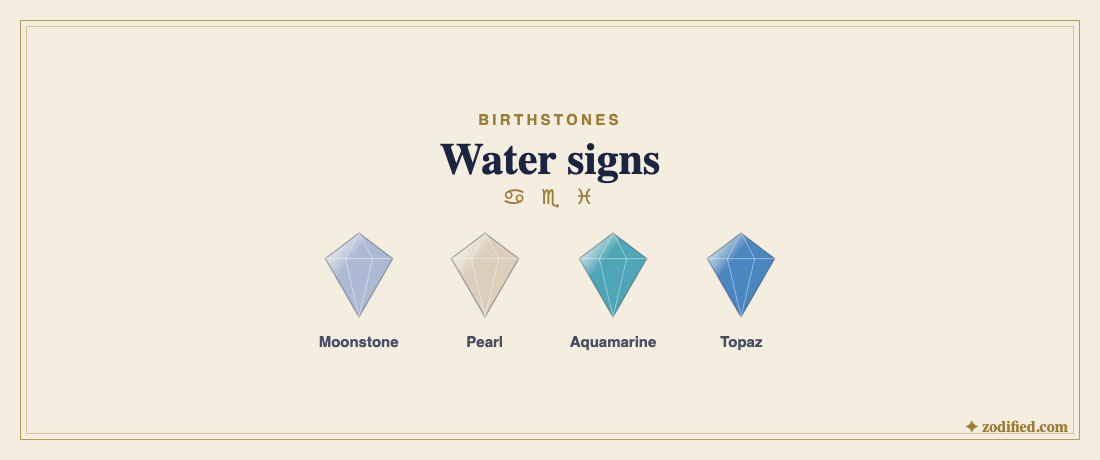 Water sign stones: moonstone, pearl, aquamarine, topaz