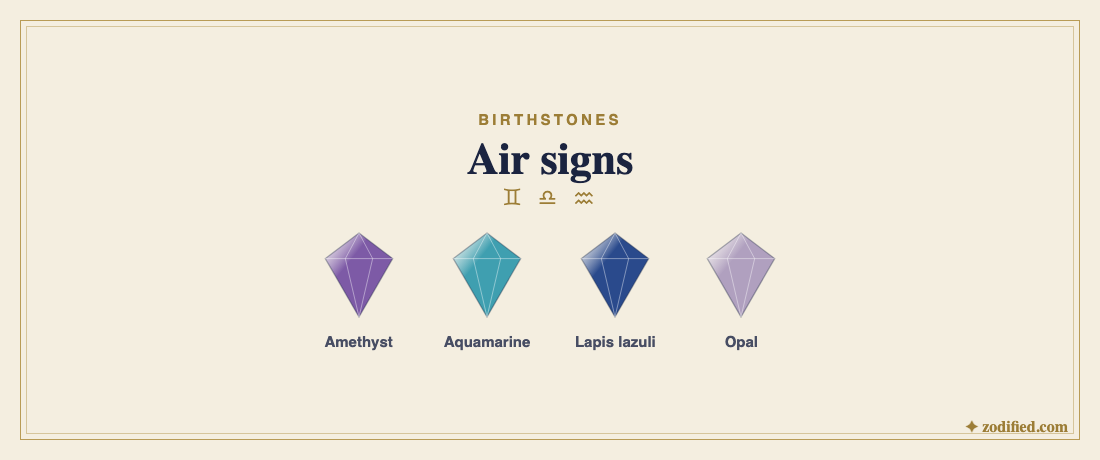 Air sign stones: amethyst, aquamarine, lapis lazuli, opal